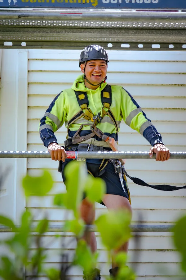 Up on the scaffolding — happy at work