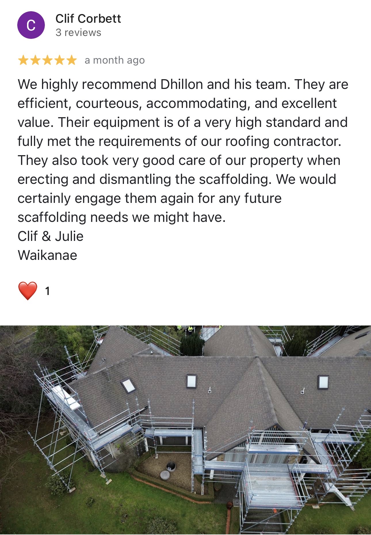 Five-star client feedback from Cliff and Julie for Erect It’s Waikanae roofing scaffold and edge protection job